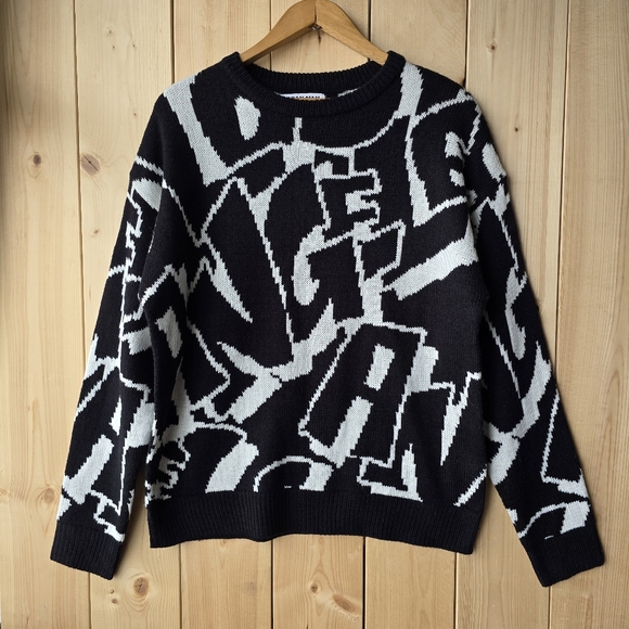Urban Man Other - Urban Man Graffiti Print Knit Acrylic Crewneck Sweater Black White Mens Medium